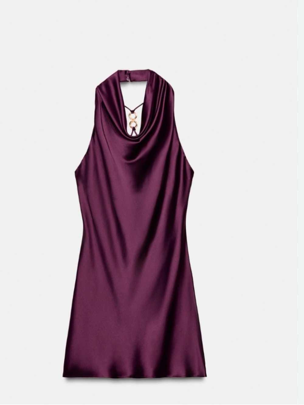 Zara Plum Satin Halter Dress with Gold Ring Detail